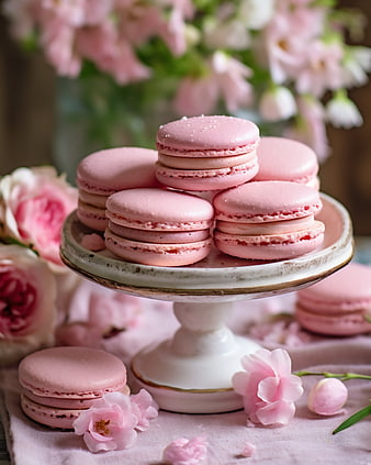 Pink macarons on a cake stand with flowers