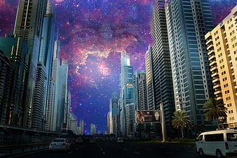 Futuristic cityscape with galaxy sky and skyscrapers