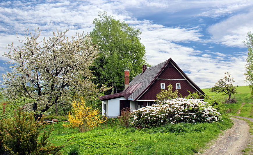 Rustic red cottage with blooming trees and garden in spring