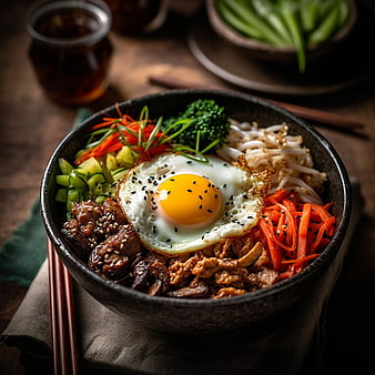 Gourmet Bibimbap Bowl with Fried Egg and Vegetables