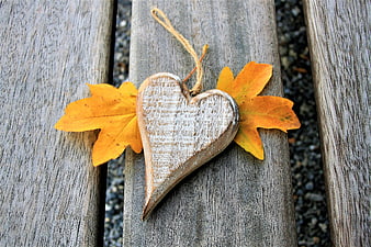 Rustic wooden heart with yellow autumn leaves on weathered bench