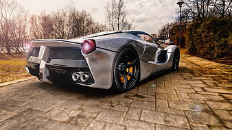 Silver Ferrari LaFerrari Rear View on Paved Path