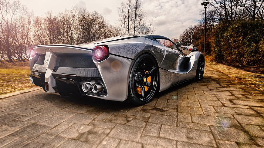 Silver Ferrari LaFerrari Rear View on Paved Path