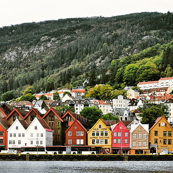 Colorful historic wooden buildings in Bergen, Norway waterfront