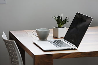 Minimalist Workspace with Laptop, Coffee, and Plant
