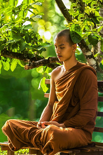 Young Buddhist Monk Meditating in Nature