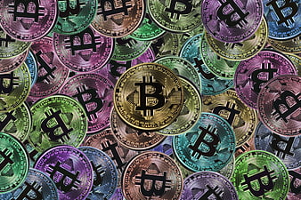 Colorful Bitcoin Coins Background with Central Gold Coin
