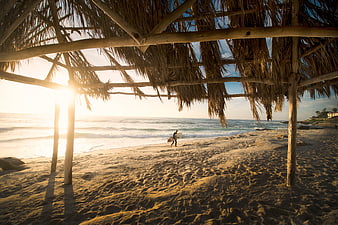 Surfer walking on beach under thatched roof at sunset
