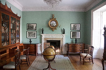 Historic Georgian Study Room With Antique Globe And Fireplace