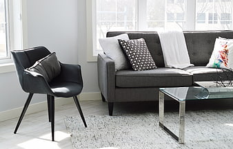 Modern Gray Living Room with Sofa and Leather Chair