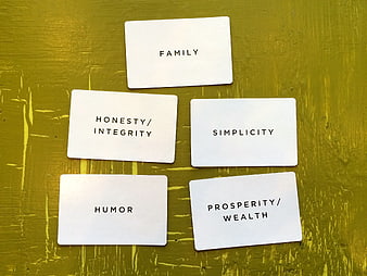 White cards with values like family and honesty on green background