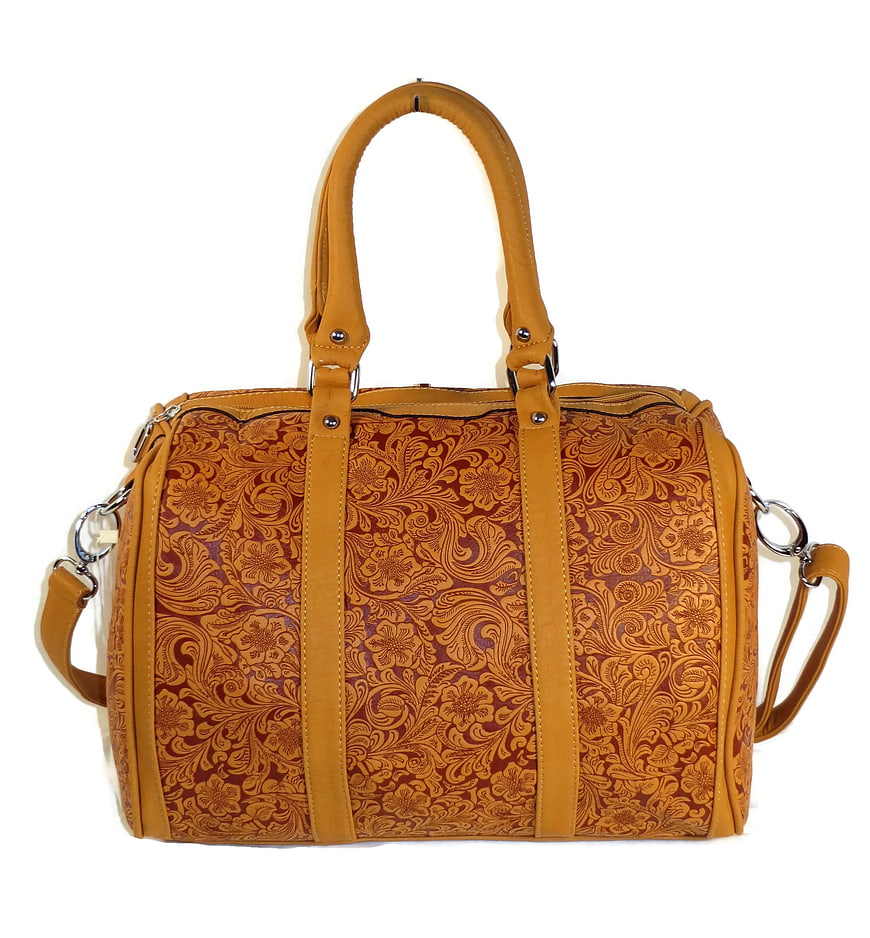 Tan Embossed Leather Handbag with Floral Pattern