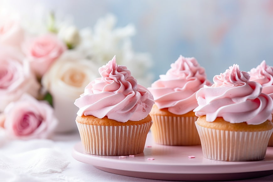 Pink Frosted Cupcakes with Floral Background