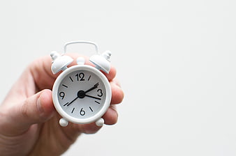 Hand holding small white alarm clock on white background