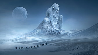 Surreal Fantasy Landscape with Giant Ice Statue and Moon
