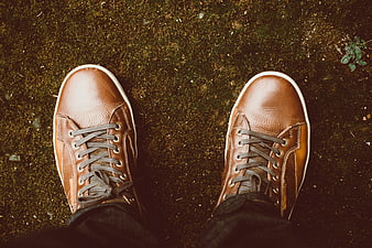 Top-down view of brown leather sneakers on mossy ground