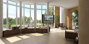 Modern villa interior with large windows and family view