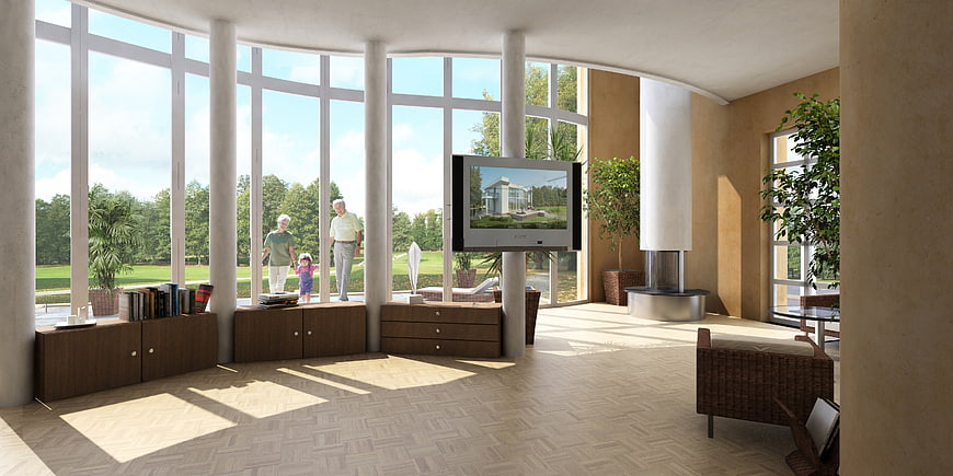 Modern villa interior with large windows and family view