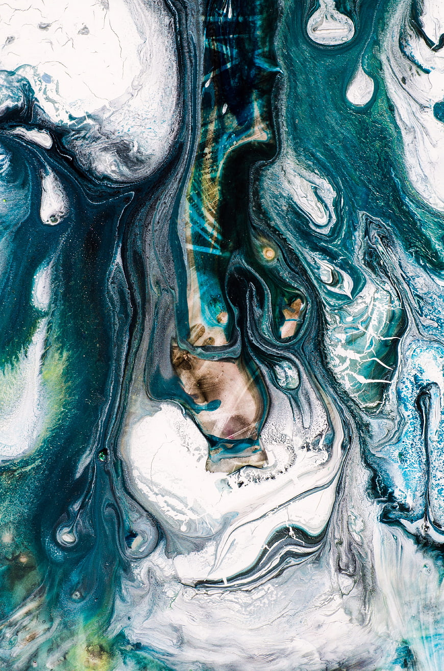 Abstract fluid art background in teal, white, and gold