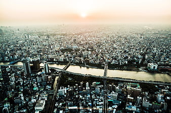 Aerial View of Tokyo Cityscape at Golden Hour with River