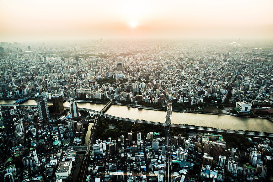 Aerial View of Tokyo Cityscape at Golden Hour with River