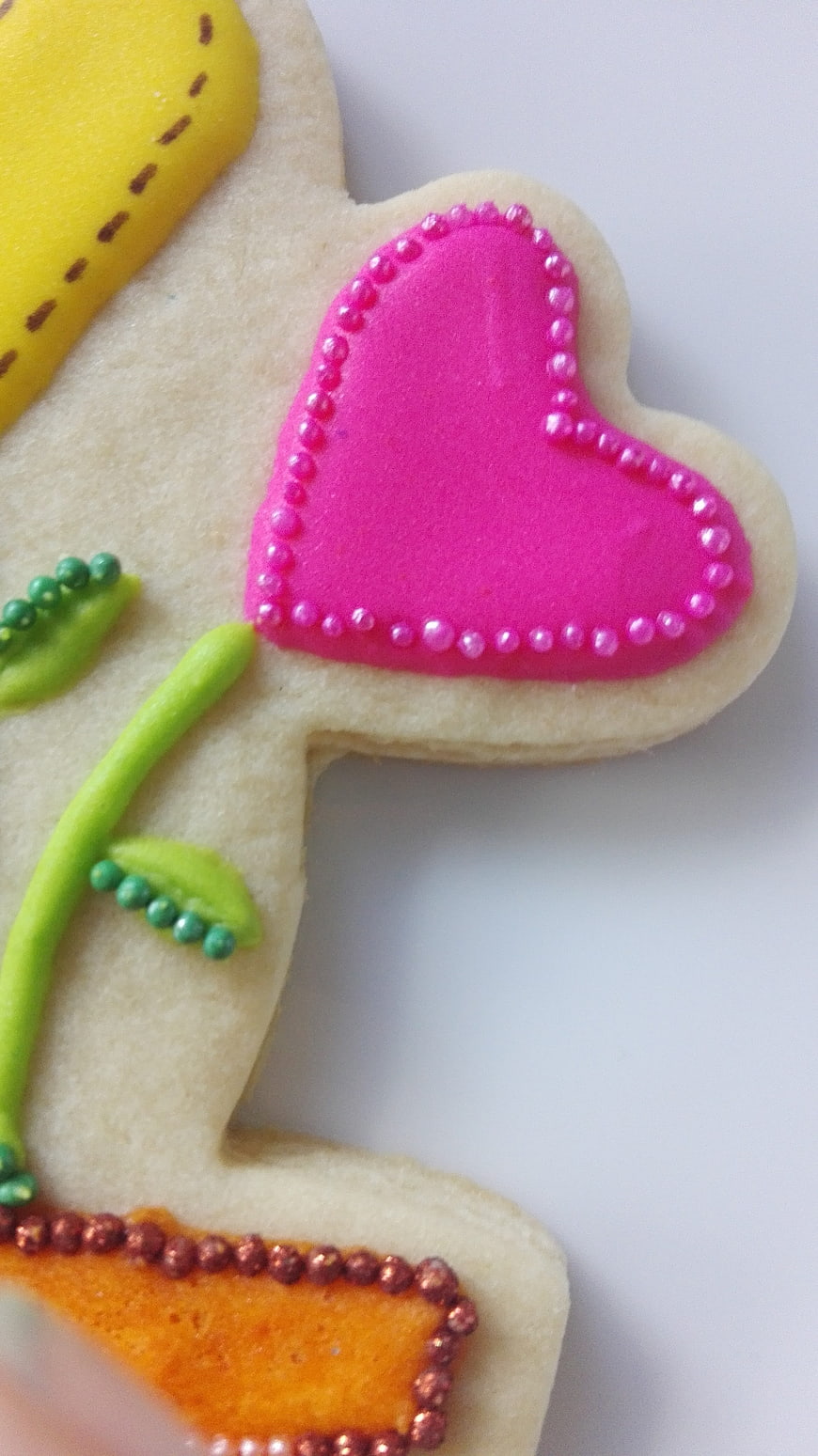 Close-up of decorated sugar cookie with pink heart icing