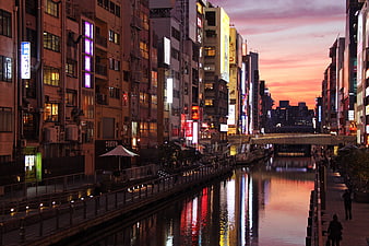 Osaka Dotonbori Canal at Sunset with Neon Lights and Reflections