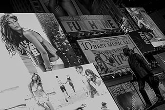 Black and White Times Square Billboards and Pedestrian