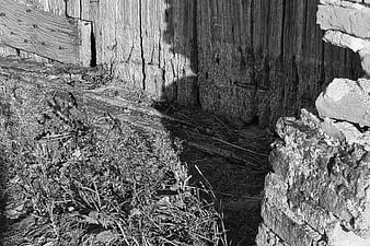 Black and white texture of weathered wood and stone wall