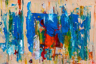 Abstract Blue and Red Acrylic Painting on Canvas