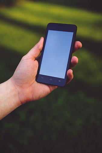 Hand holding smartphone with blank screen outdoors