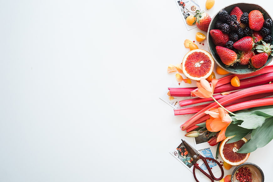 Fresh Fruit And Rhubarb Flat Lay On White Background