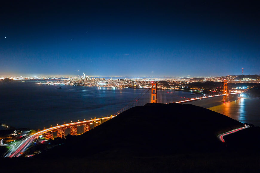 Golden Gate Bridge Night Panorama with San Francisco Skyline