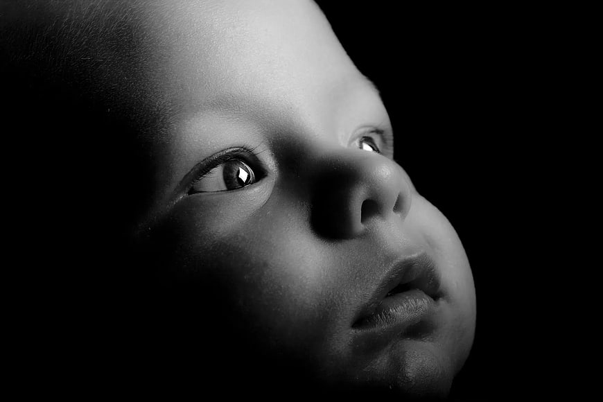 Dramatic Black and White Close-Up of Baby Face