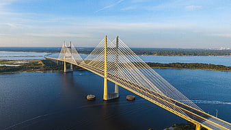 Aerial View of Yellow Cable-Stayed Bridge Over Blue Water