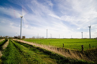 Wind Turbines in Green Pasture with Blue Sky