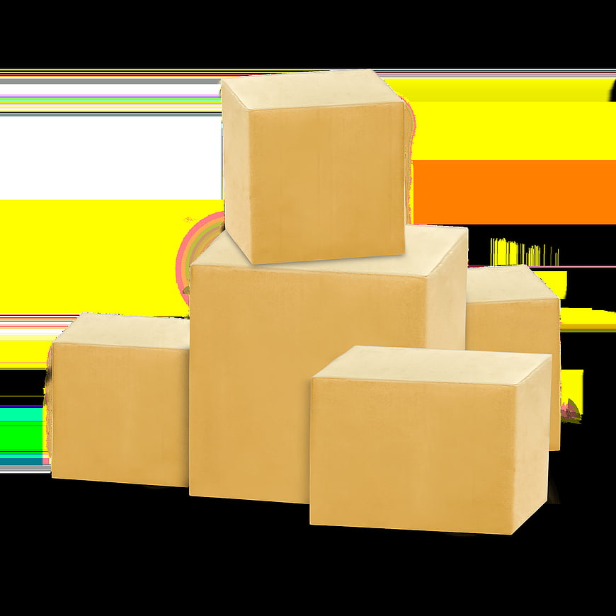 Stacked cardboard shipping boxes on colorful abstract background