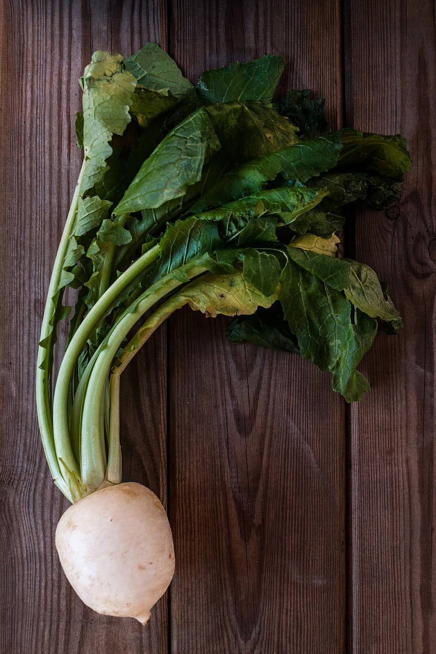 Fresh white turnip with green leaves on dark wood