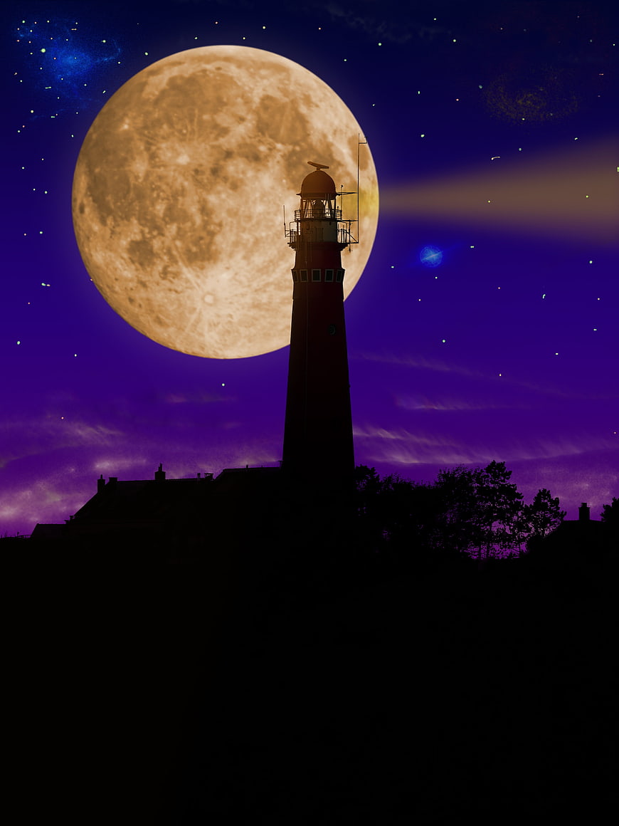 Lighthouse Silhouette Against Giant Full Moon Night Sky