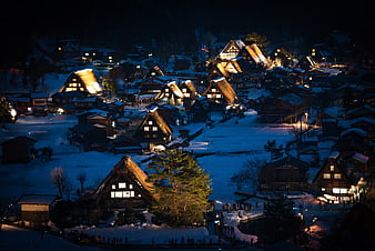 Shirakawa-go Village Snowy Night Winter Landscape