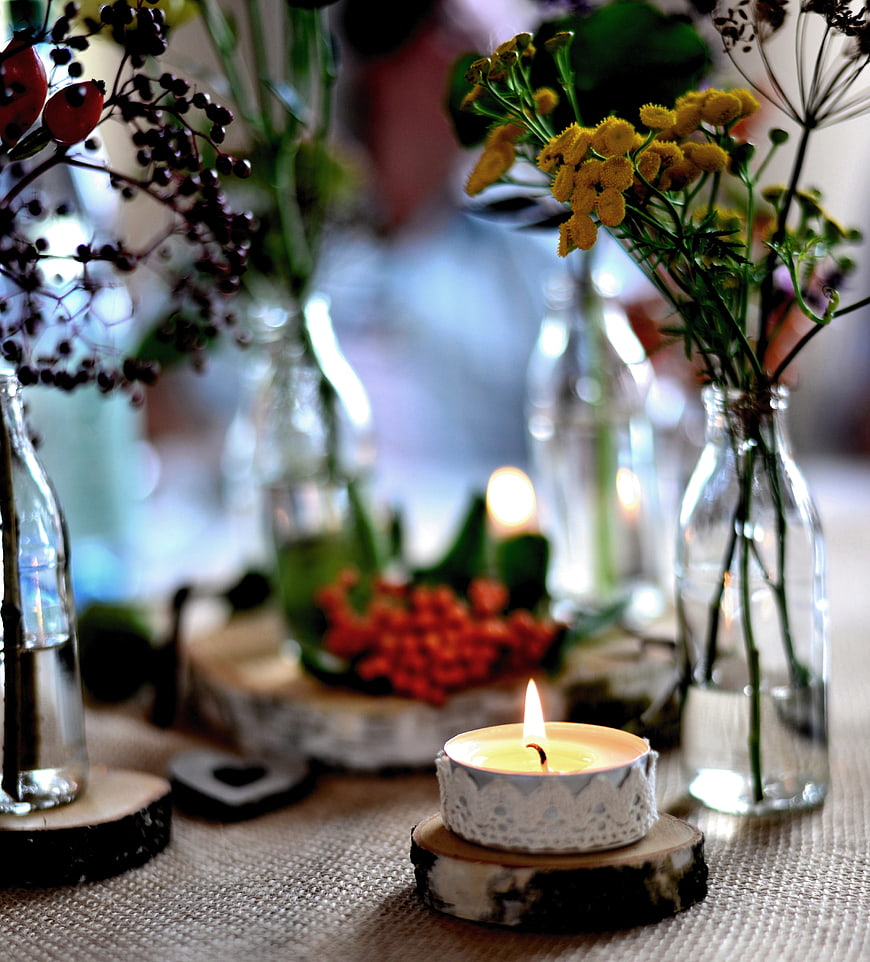 Autumn Table Setting With Tea Light Candle And Wildflowers