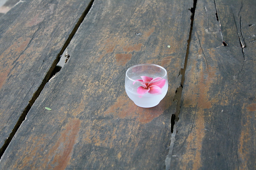 Pink frangipani flower floating in water on rustic wood