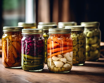 Assorted jars of pickled vegetables on wooden table