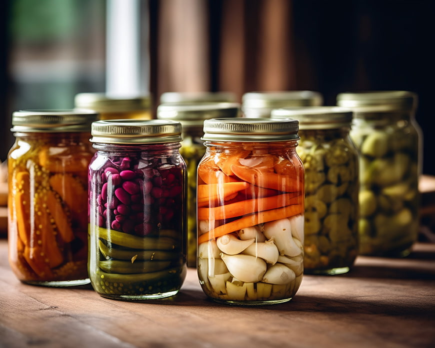 Assorted jars of pickled vegetables on wooden table