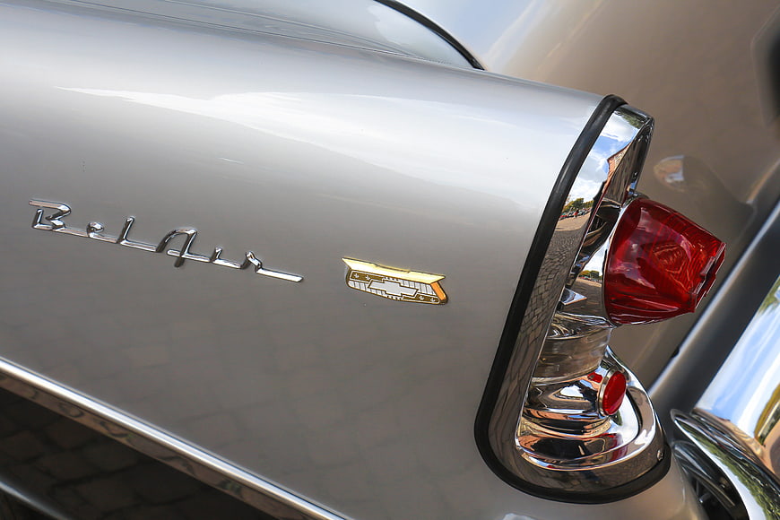 Close-up of vintage Chevrolet Bel Air taillight and emblem