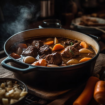 Steaming beef stew in cast iron dutch oven