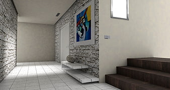 Modern 3D Interior Hallway with Stone Wall and Abstract Art