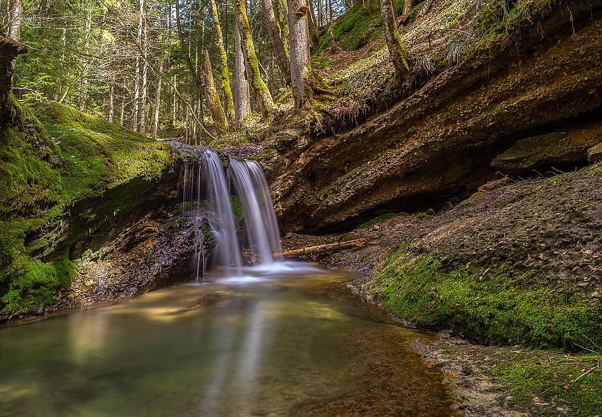 Serene Forest Waterfall with Mossy Rocks and Long Exposure