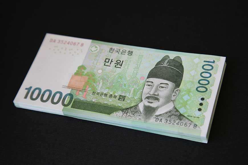 Stack of 10,000 Korean Won Banknotes on Black Background