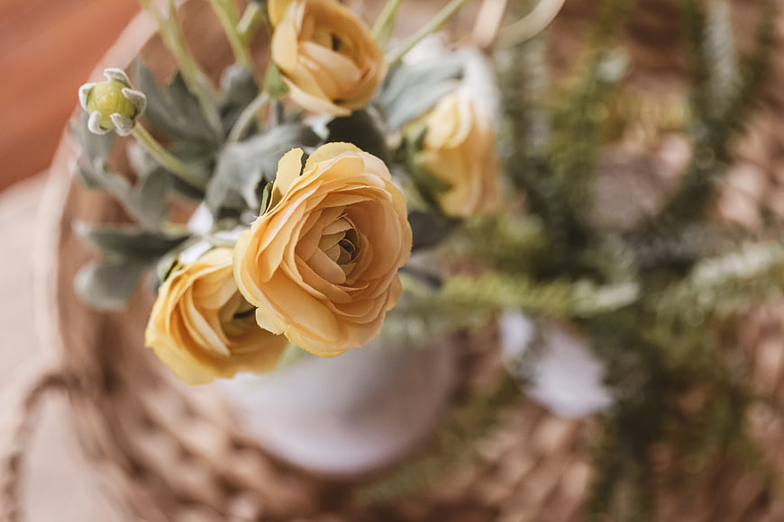 Close-up of yellow ranunculus flowers in a rustic vase